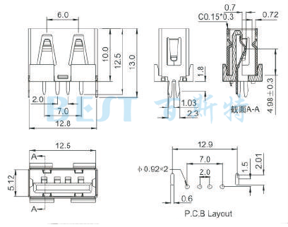 USB插座USB-A-21參考圖紙 USB插座USB-A-21參考圖紙