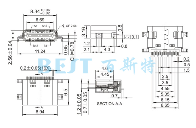 USB插座USB-C-08 16PIN沉板參考圖紙 USB插座USB-C-08 16PIN沉板參考圖紙